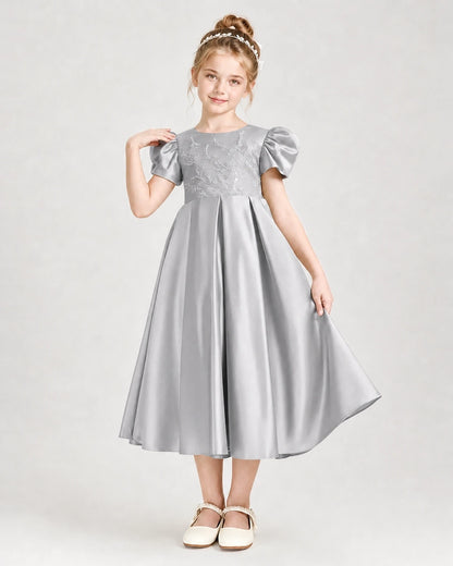 Dideyttawl Embroidered Satin Girl Formal Dress with Puff Sleeves