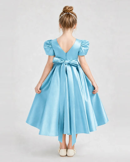 Dideyttawl Embroidered Satin Girl Formal Dress with Puff Sleeves