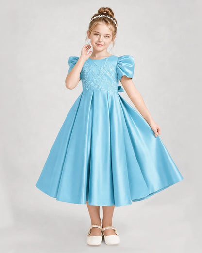 Dideyttawl Embroidered Satin Girl Formal Dress with Puff Sleeves