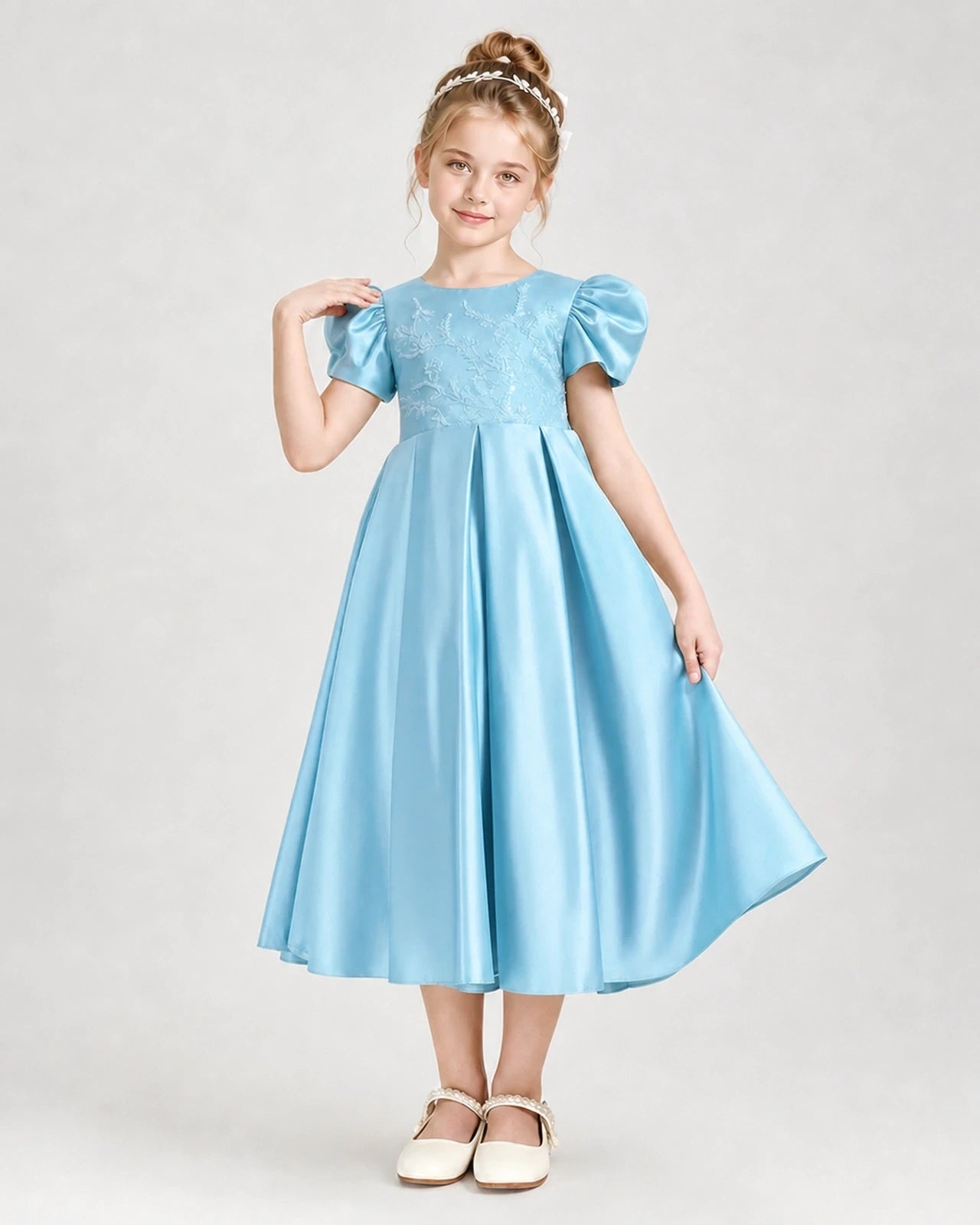 Dideyttawl Embroidered Satin Girl Formal Dress with Puff Sleeves