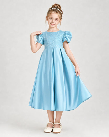 Dideyttawl Embroidered Satin Girl Formal Dress with Puff Sleeves