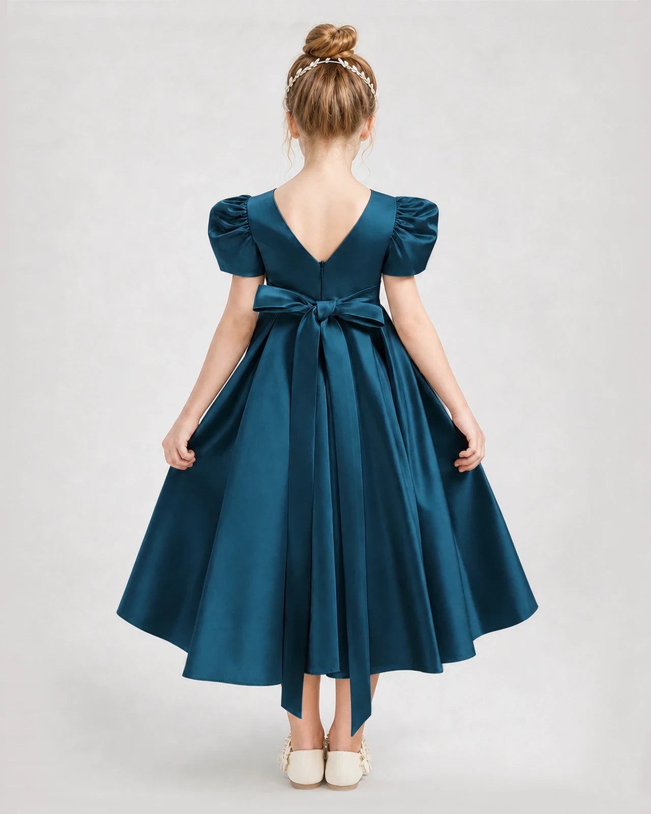 Dideyttawl Embroidered Satin Girl Formal Dress with Puff Sleeves