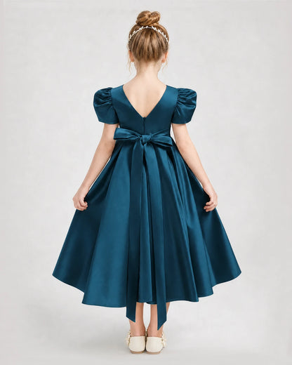 Dideyttawl Embroidered Satin Girl Formal Dress with Puff Sleeves