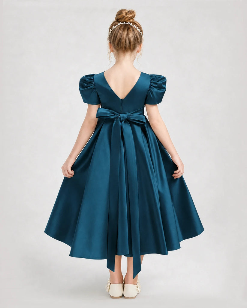Teal Satin A-Line Girls Formal Dresses Back View