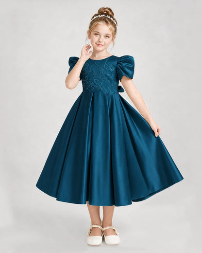 Dideyttawl Embroidered Satin Girl Formal Dress with Puff Sleeves
