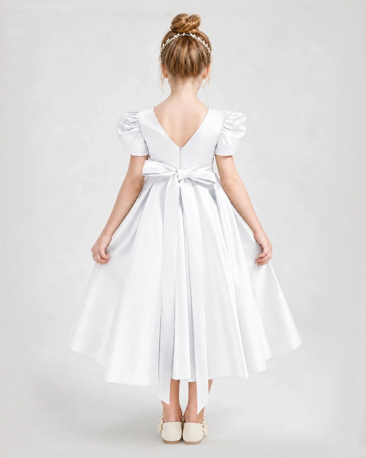 Dideyttawl Embroidered Satin Girl Formal Dress with Puff Sleeves