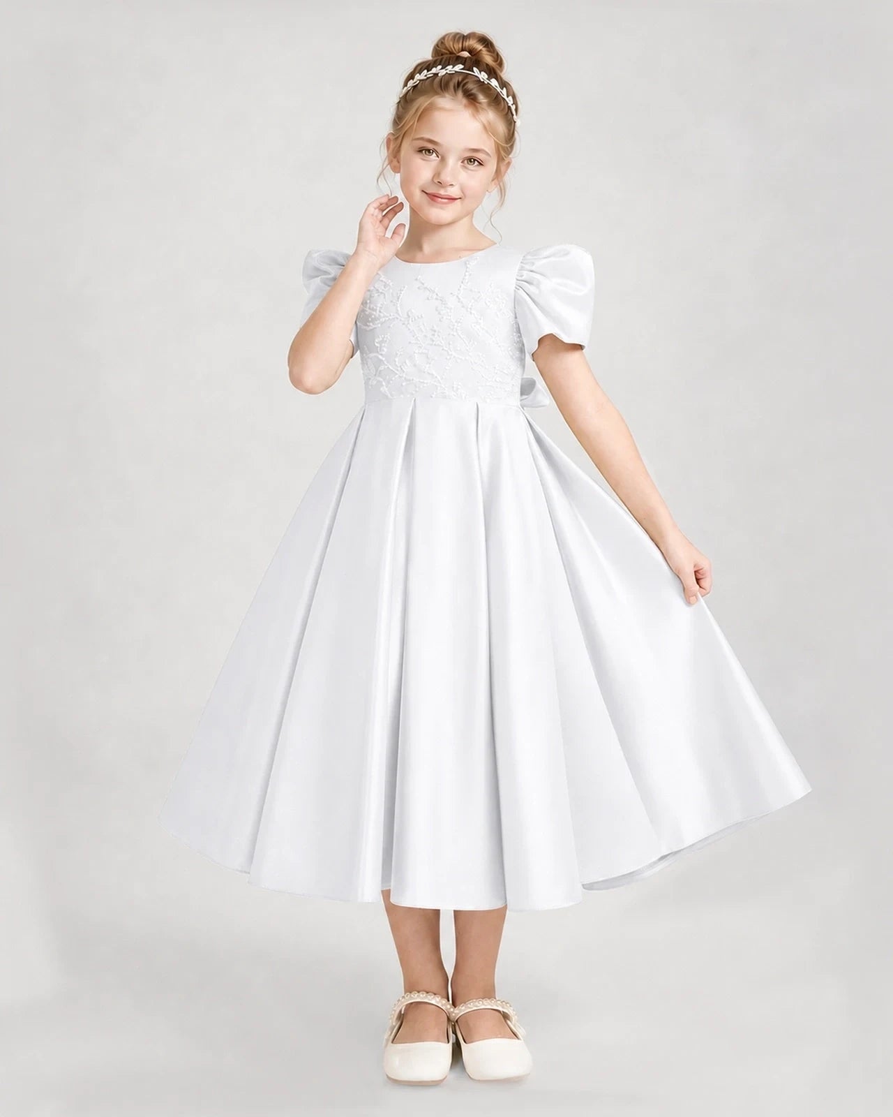 Dideyttawl Embroidered Satin Girl Formal Dress with Puff Sleeves