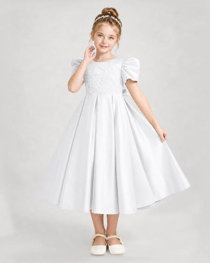 Dideyttawl Embroidered Satin Girl Formal Dress with Puff Sleeves