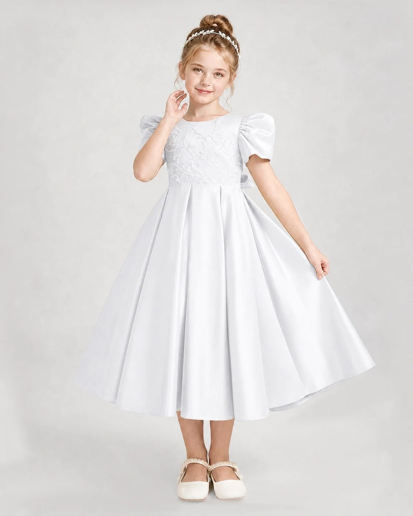 White Satin A-Line Girls Formal Dresses Front View