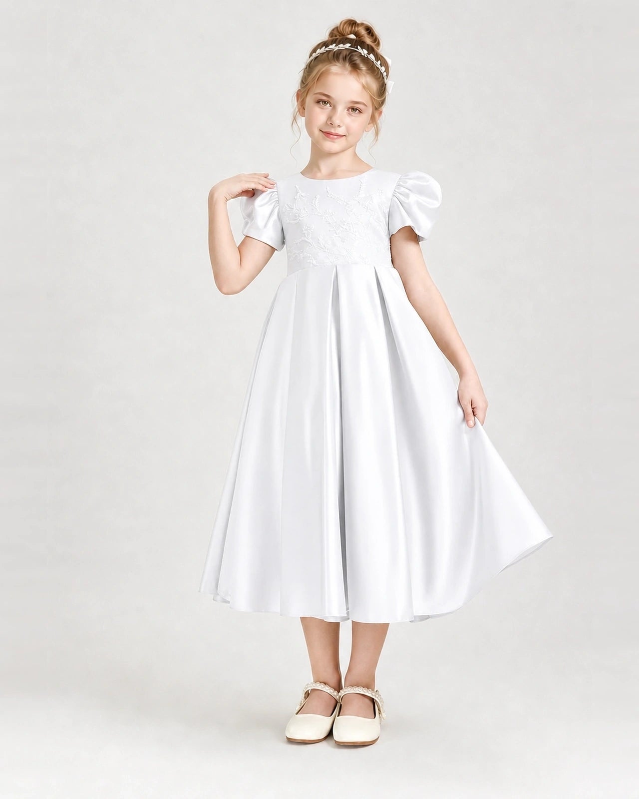 Dideyttawl Embroidered Satin Girl Formal Dress with Puff Sleeves