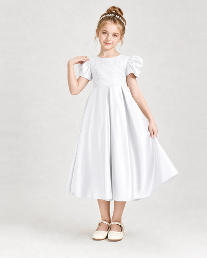 Dideyttawl Embroidered Satin Girl Formal Dress with Puff Sleeves