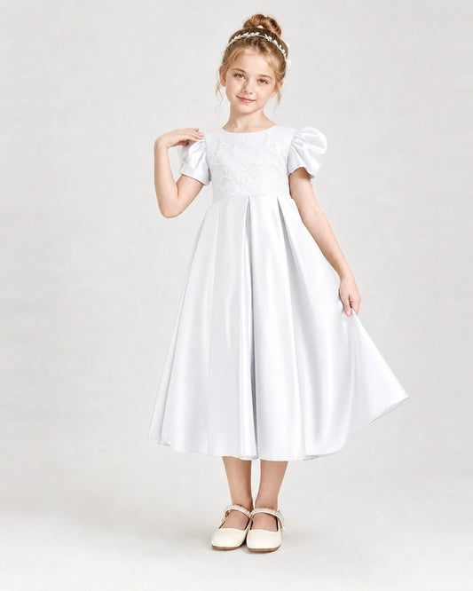 White Satin Pleated Girls Formal Dresses