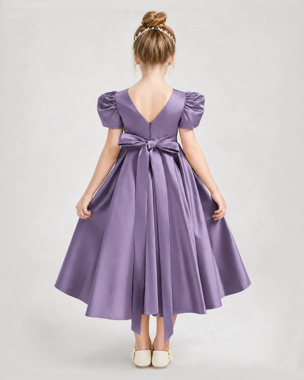 Dideyttawl Embroidered Satin Girl Formal Dress with Puff Sleeves