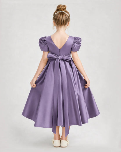 Dideyttawl Embroidered Satin Girl Formal Dress with Puff Sleeves