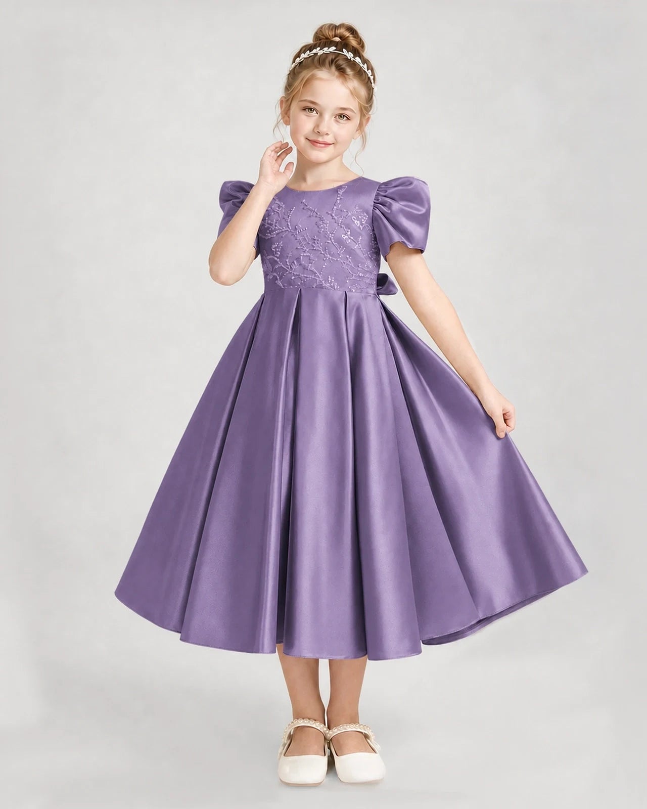Dideyttawl Embroidered Satin Girl Formal Dress with Puff Sleeves