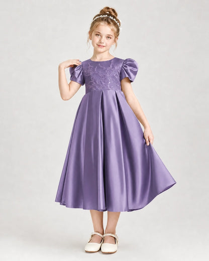 Dideyttawl Embroidered Satin Girl Formal Dress with Puff Sleeves