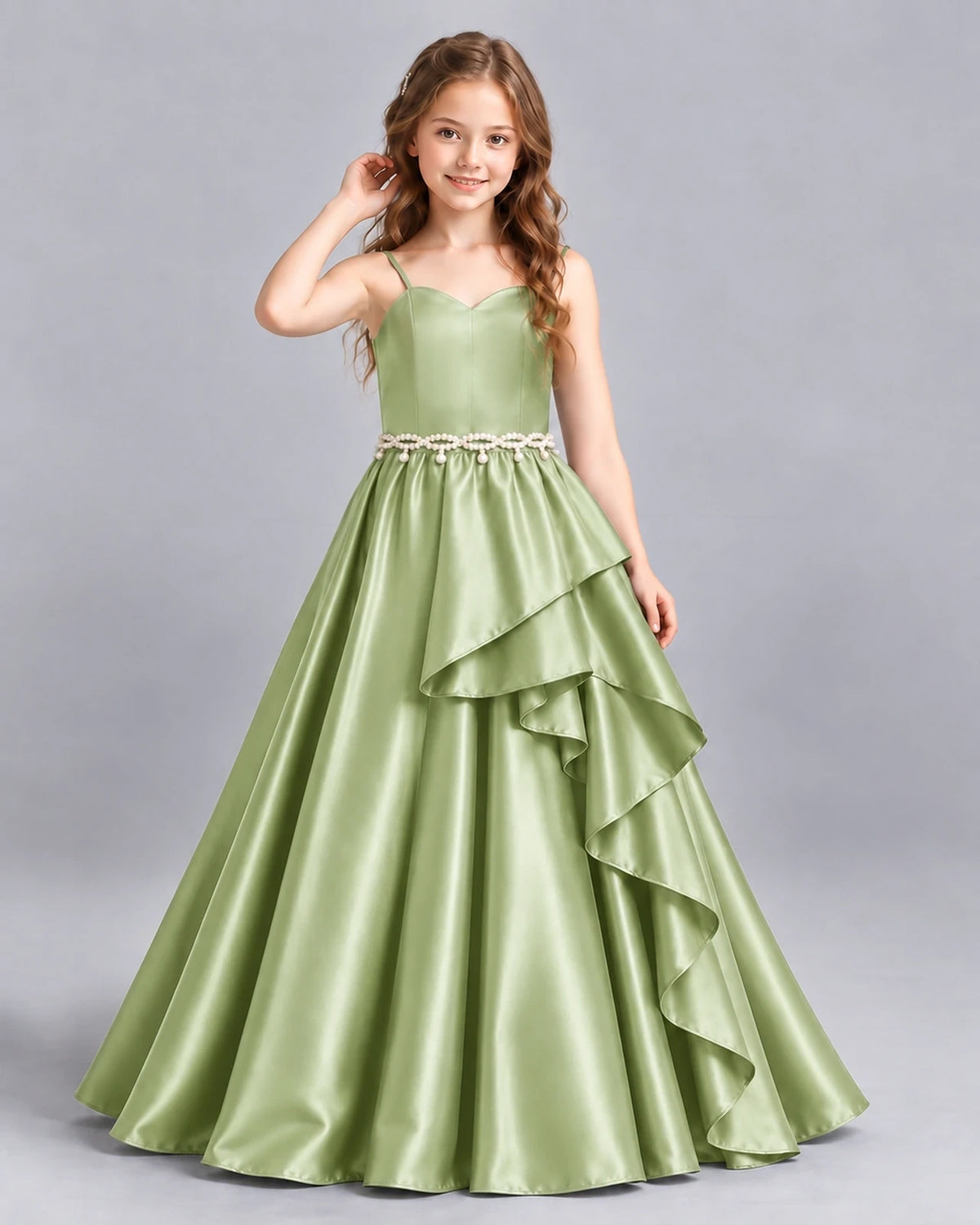Sage Green Ball Gown Girls Formal Dress Front
