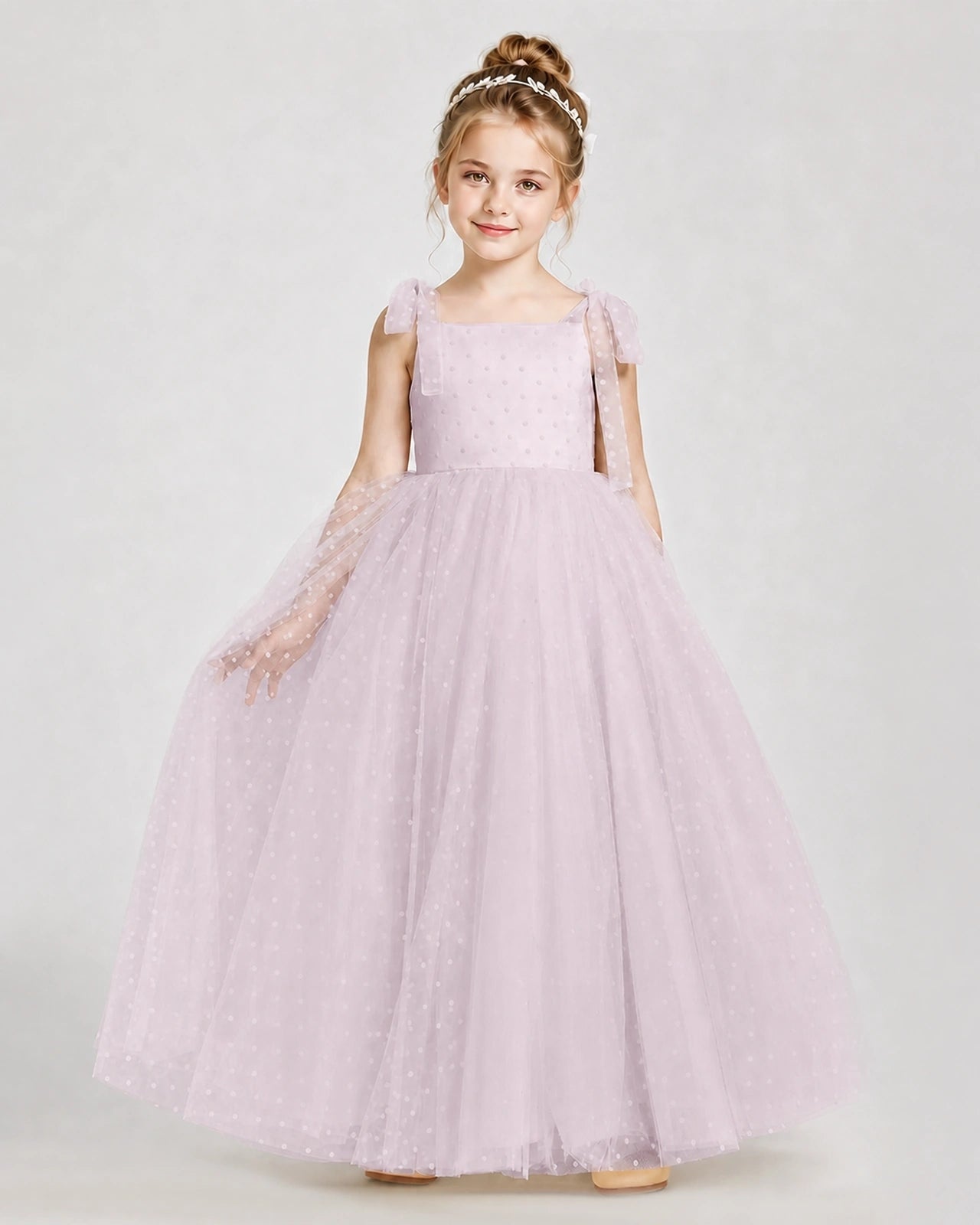 Blush Pink Tulle A-line Girls Formal Dress Front View
