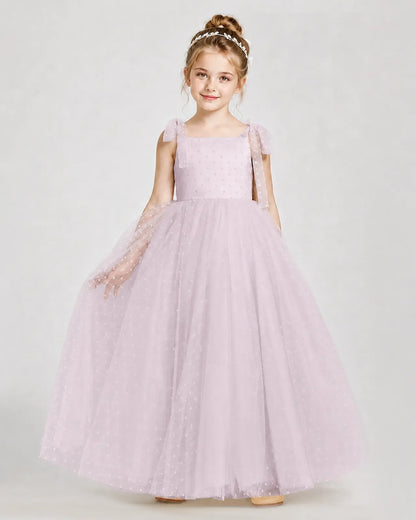 Blush Pink Tulle A-line Girls Formal Dress Front View