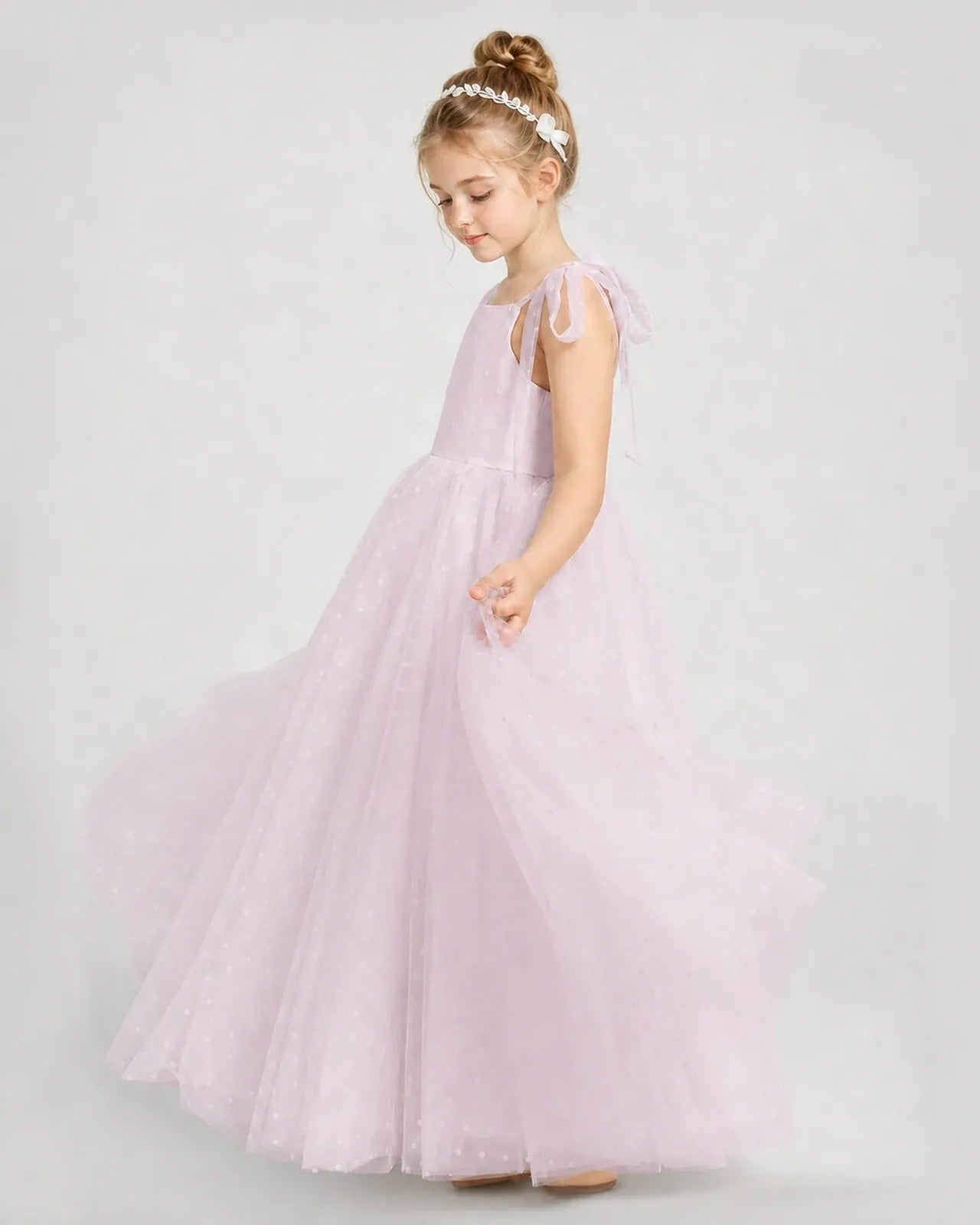 Blush Pink Tulle A-line Girls Formal Dress Side View
