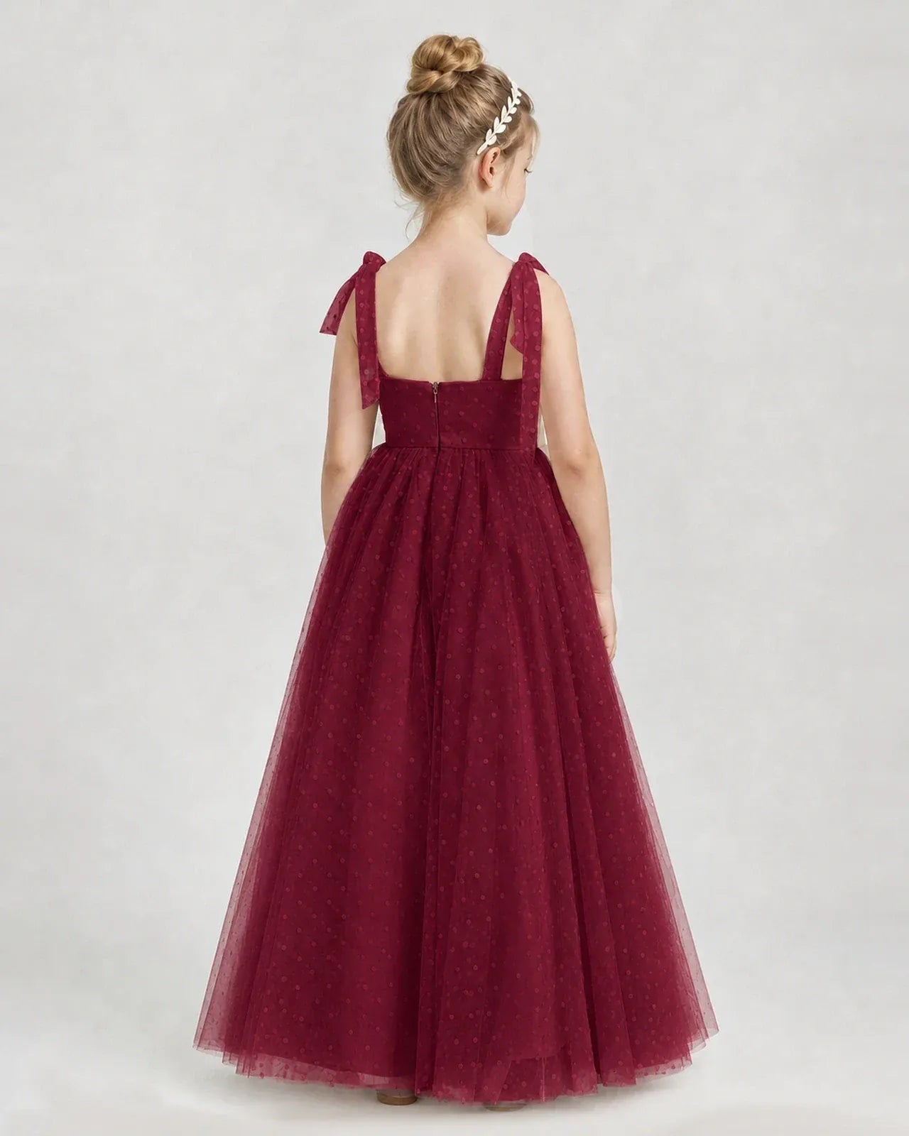 Burgundy Tulle A-line Girls Formal Dress Back View