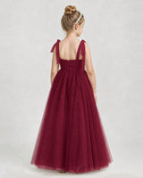 Burgundy Tulle A-line Girls Formal Dress Back View