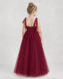 Burgundy Tulle A-line Girls Formal Dress Back View