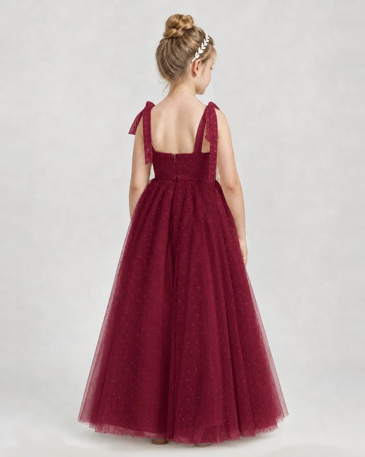 Burgundy Tulle A-line Girls Formal Dress Back View