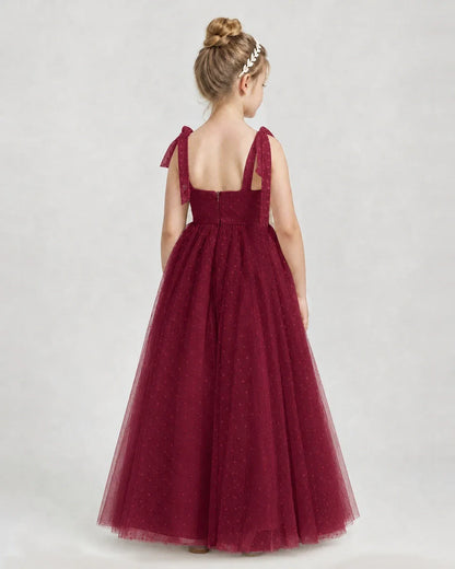 Burgundy Tulle A-line Girls Formal Dress Back View