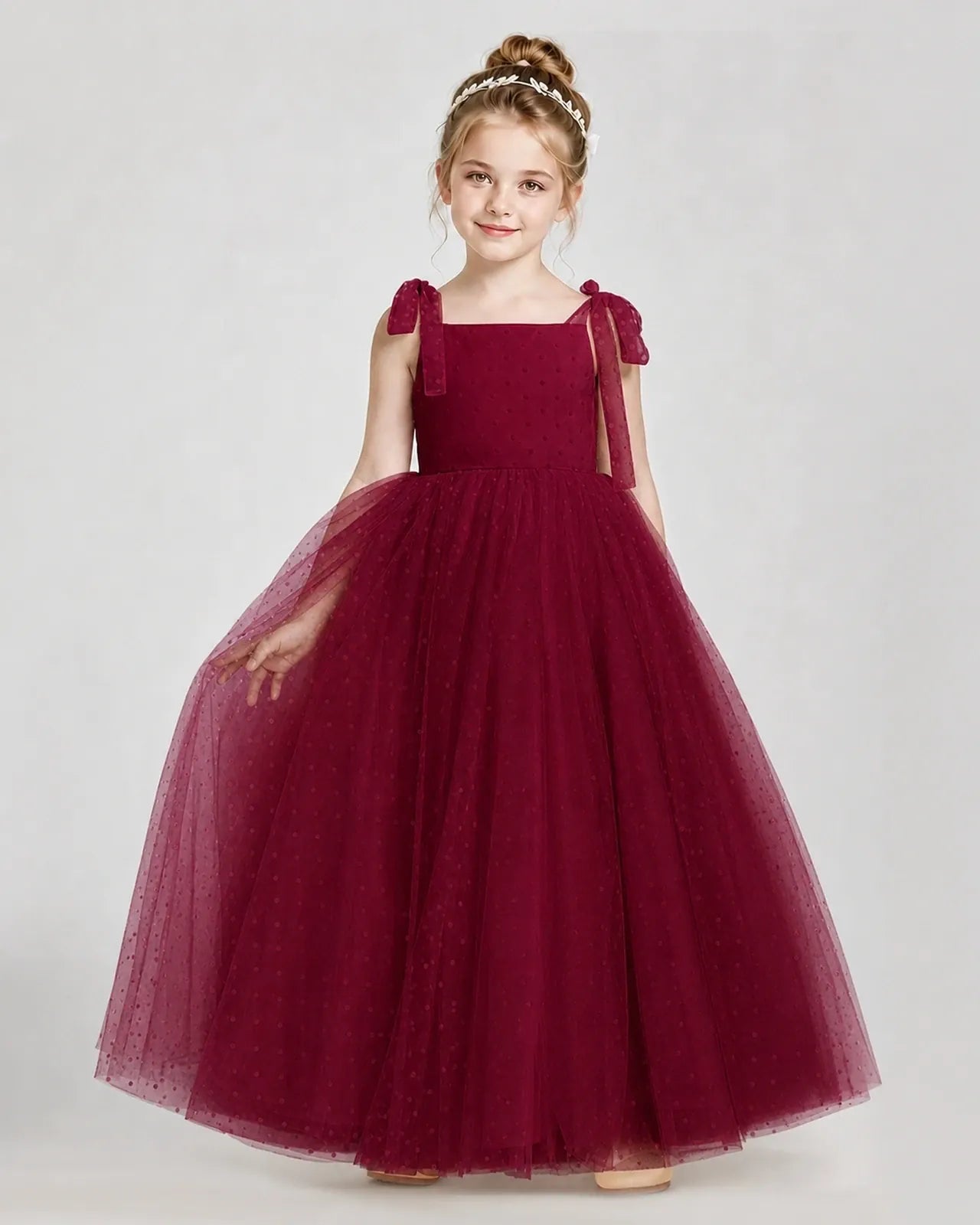 Burgundy Tulle A-line Girls Formal Dress Front View