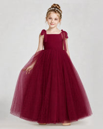 Burgundy Tulle A-line Girls Formal Dress Front View