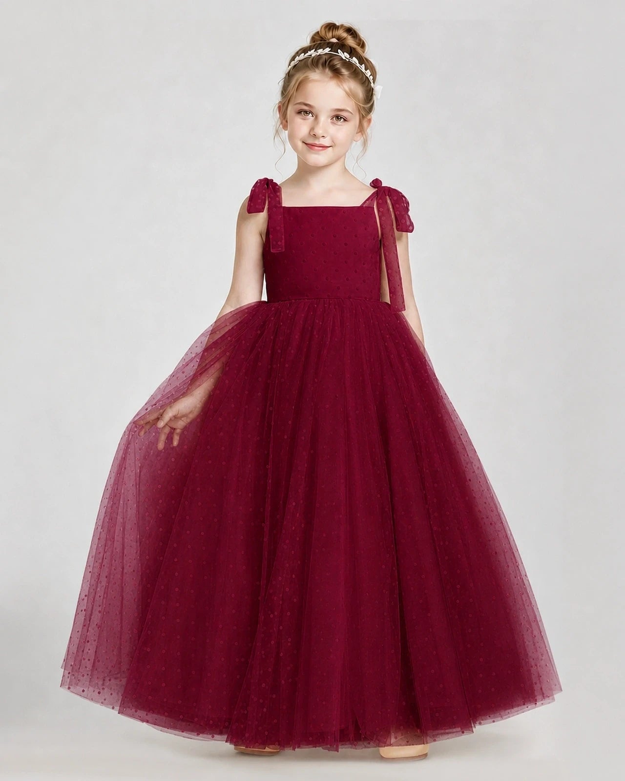 Burgundy Tulle A-line Girls Formal Dress Front View