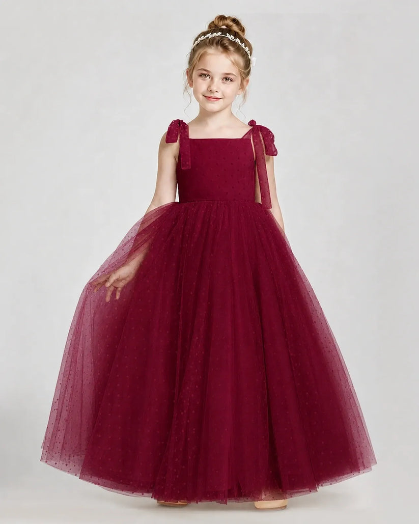 Burgundy Tulle A-line Girls Formal Dress Front View