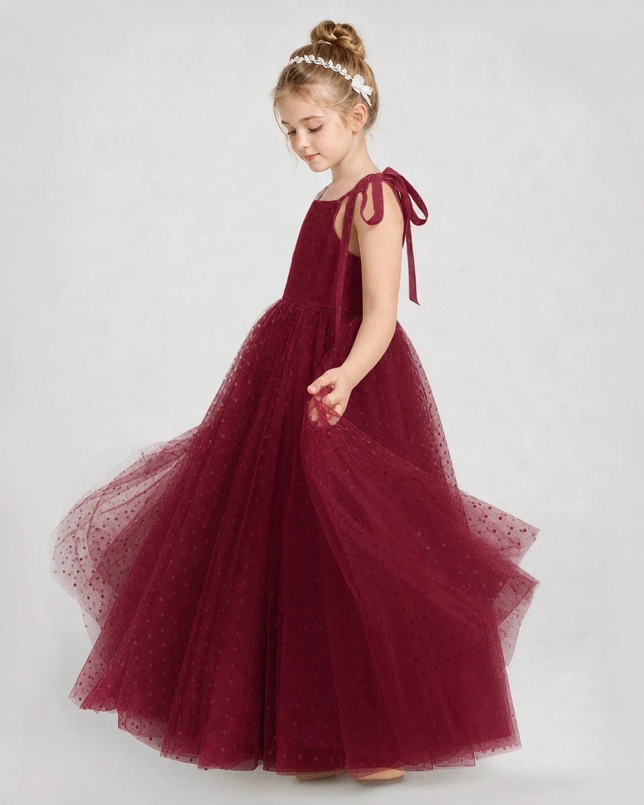 Burgundy Tulle A-line Girls Formal Dress Side View