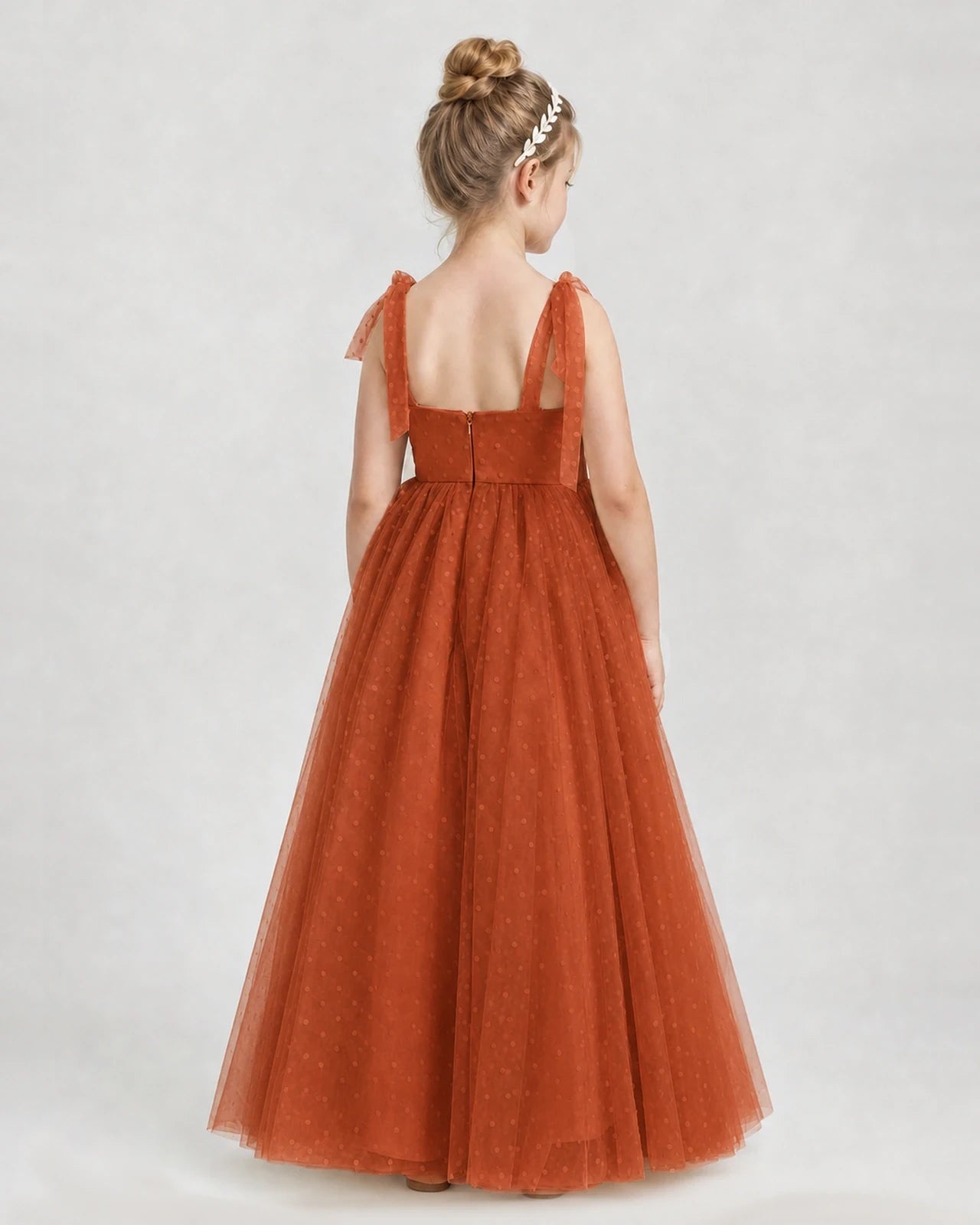 Burnt Orange Tulle A-line Girls Formal Dress Back View