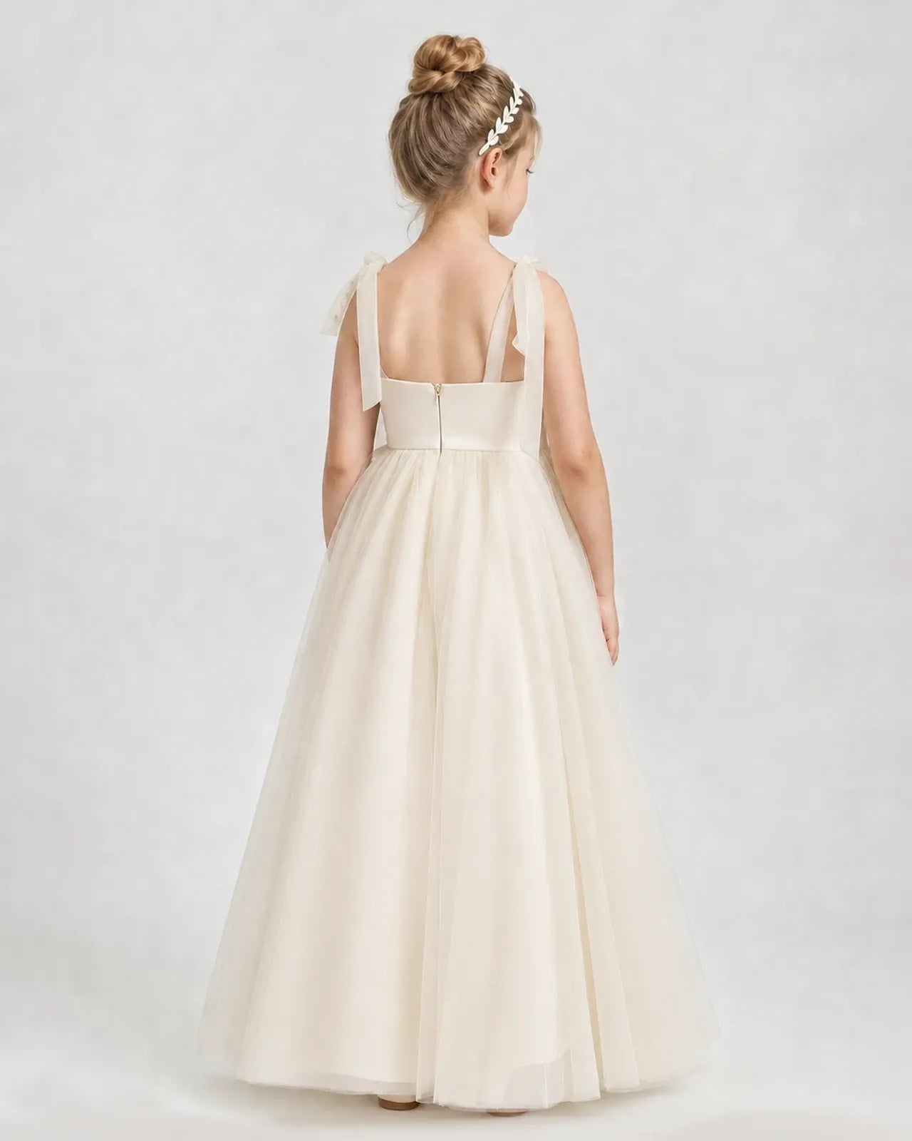Champagne Tulle A-line Girls Formal Dress Back View