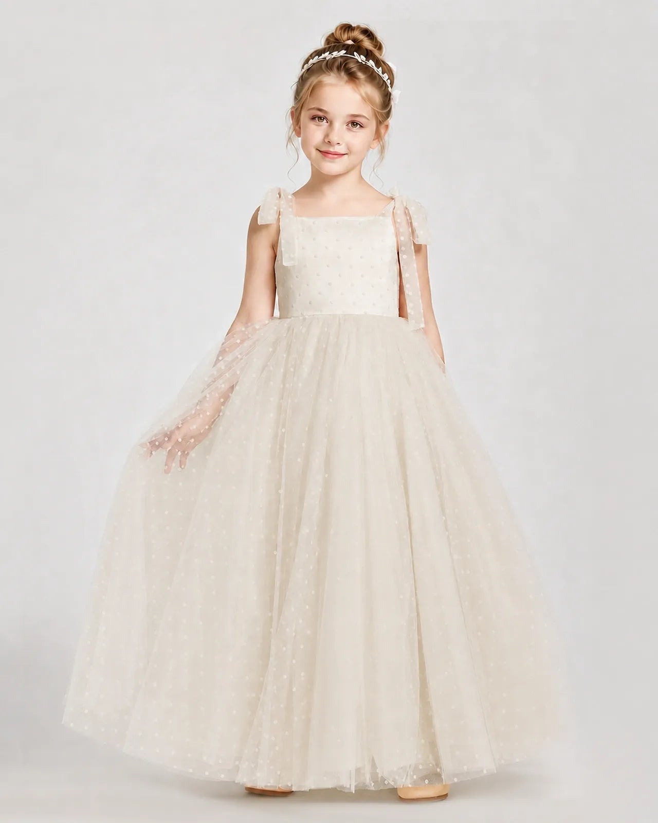 Champagne Tulle A-line Girls Formal Dress Front View
