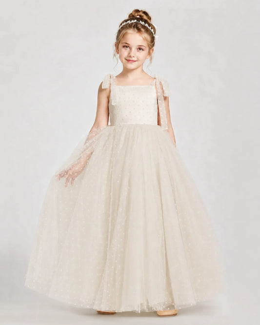 Champagne Tulle A-line Girls Formal Dress Front View