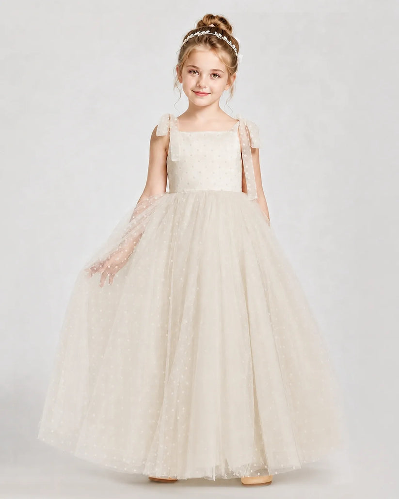 Champagne Tulle A-line Girls Formal Dress Front View