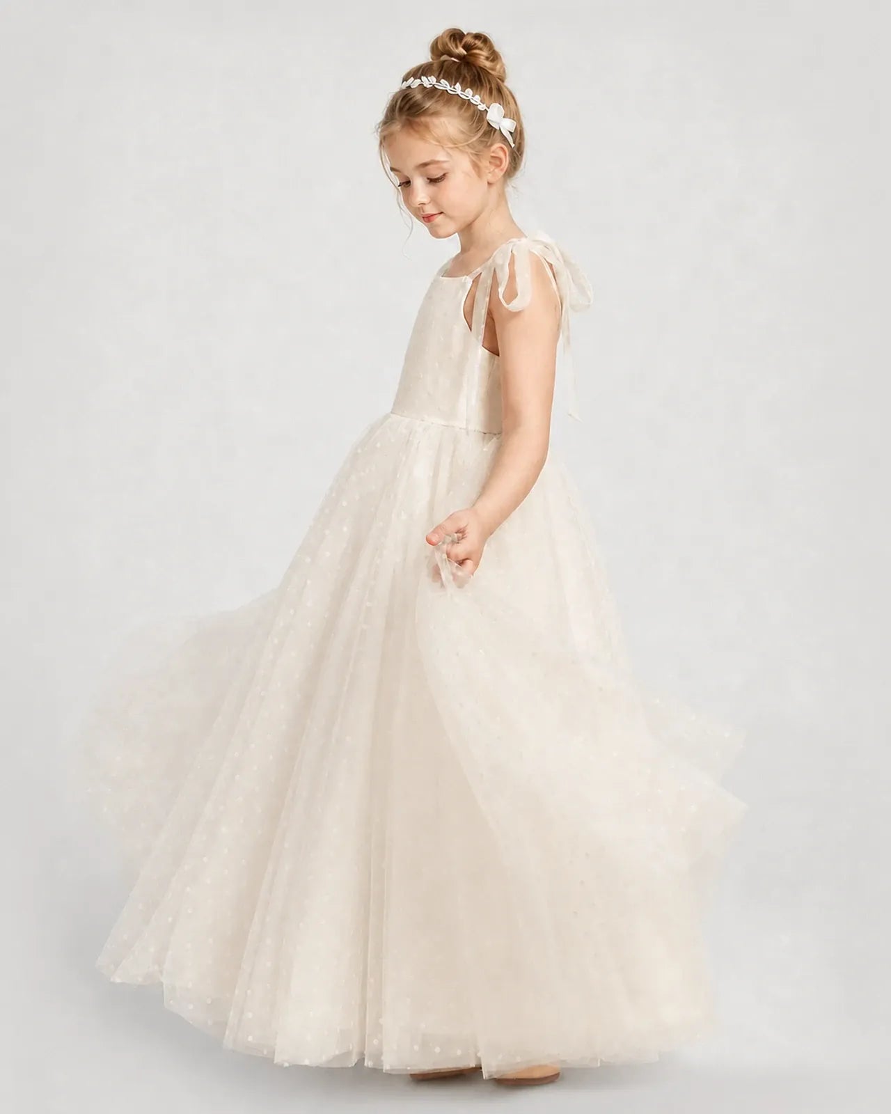 Champagne Tulle A-line Girls Formal Dress Side View