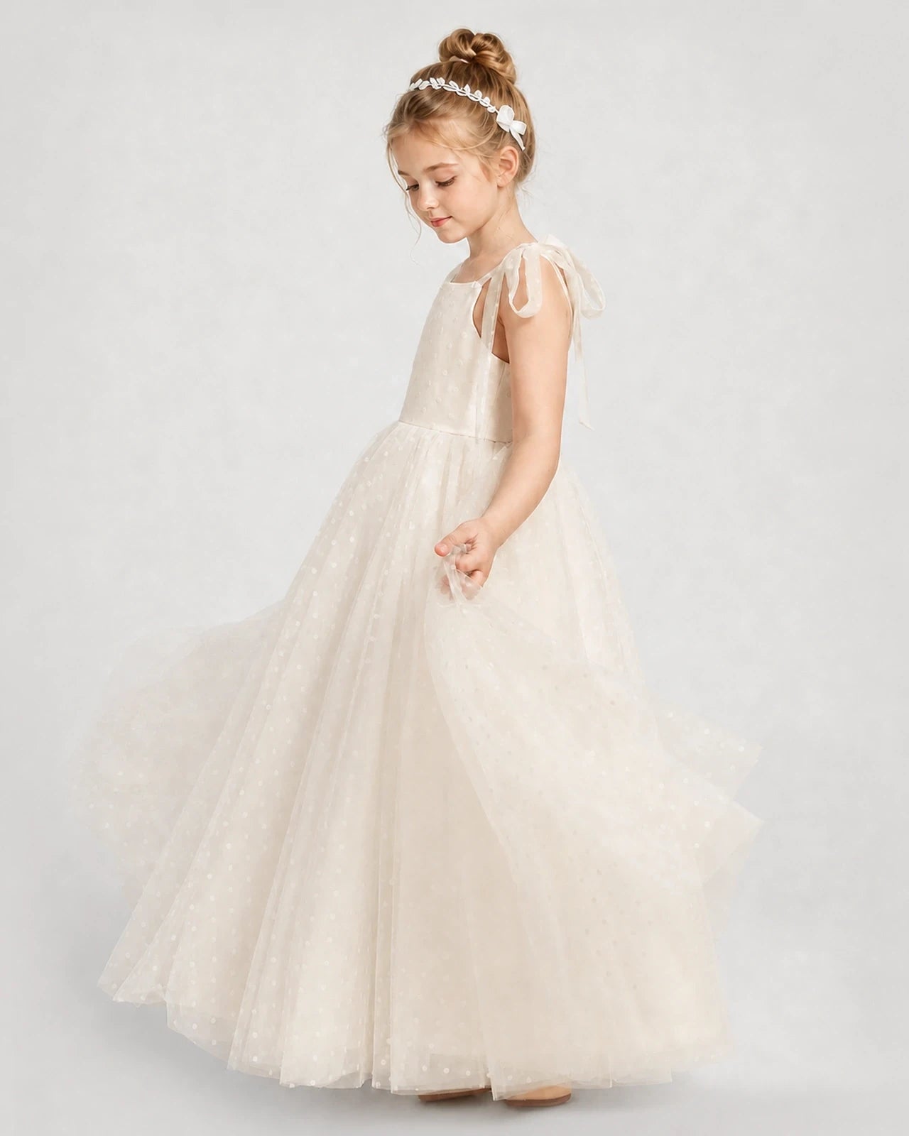 Champagne Tulle A-line Girls Formal Dress Side View