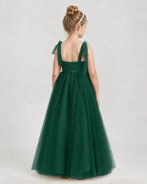 Dark Green Tulle A-line Girls Formal Dress Back View