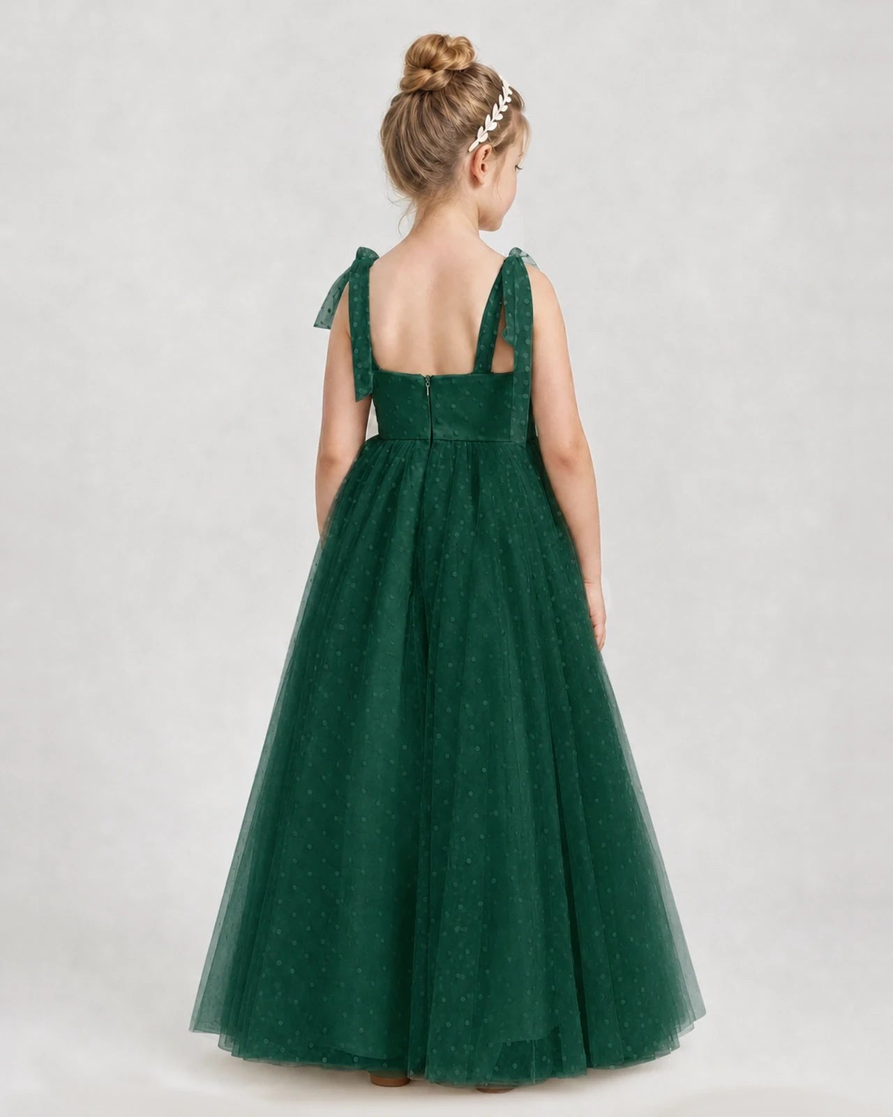 Dark Green Tulle A-line Girls Formal Dress Back View