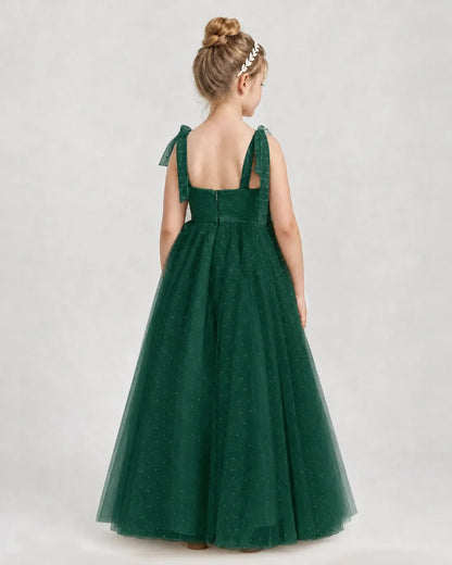 Dark Green Tulle A-line Girls Formal Dress Back View
