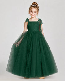 Dark Green Tulle A-line Girls Formal Dress Front View