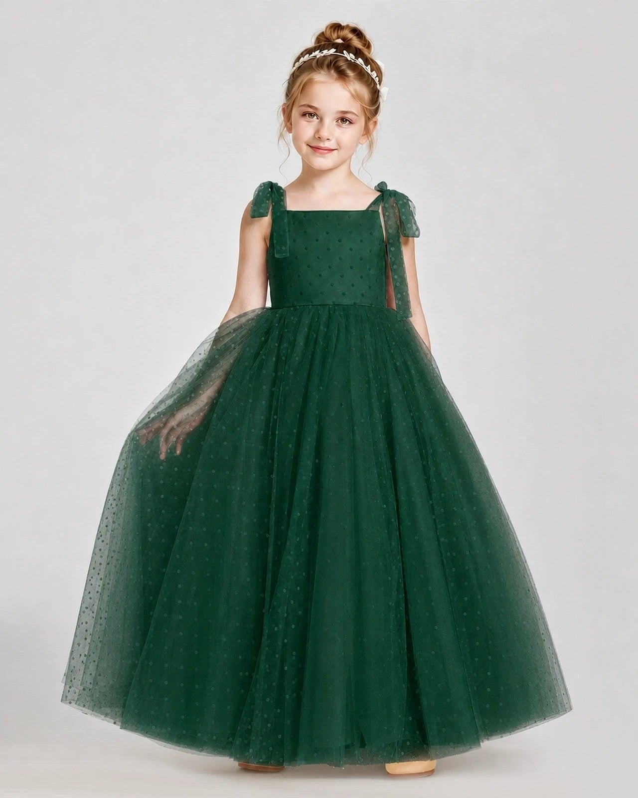 Dark Green Tulle A-line Girls Formal Dress Front View