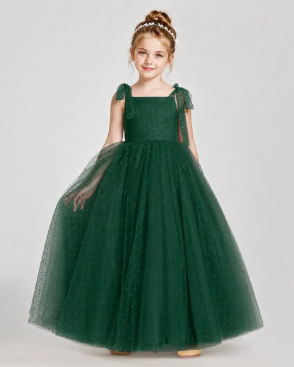 Dark Green Tulle A-line Girls Formal Dress Front View