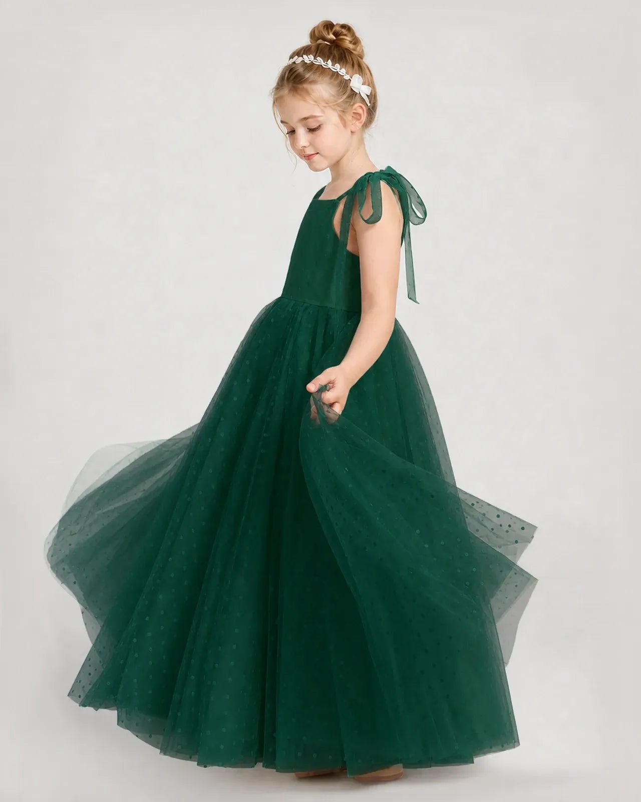 Dark Green Tulle A-line Girls Formal Dress Side View
