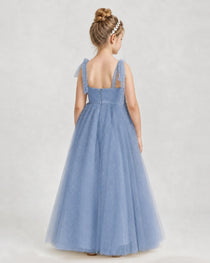 Dusty Blue Tulle A-line Girls Formal Dress Back View