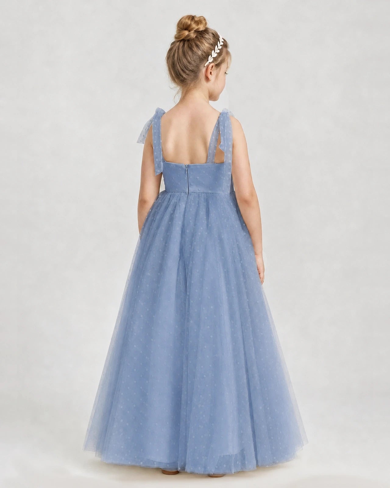 Dusty Blue Tulle A-line Girls Formal Dress Back View